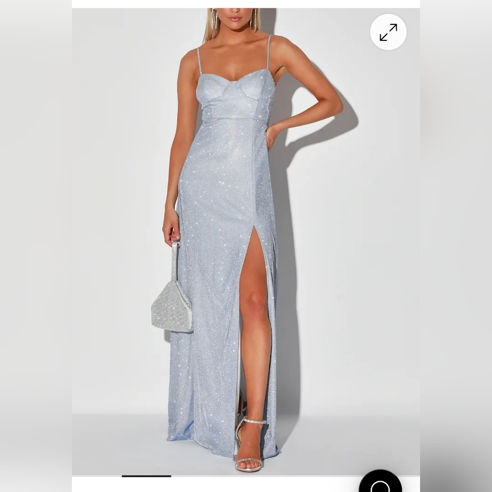 Lucky For You Light Blue Glitter Bustier Maxi Dress